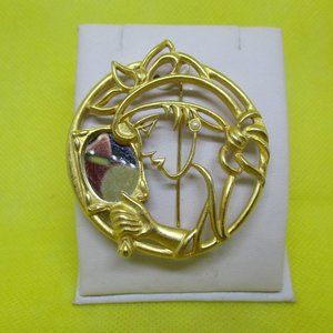 Large TONA Brooch 2 3/16 Inches Tona Womans Face Real Mirror Pearl Earrings Hat